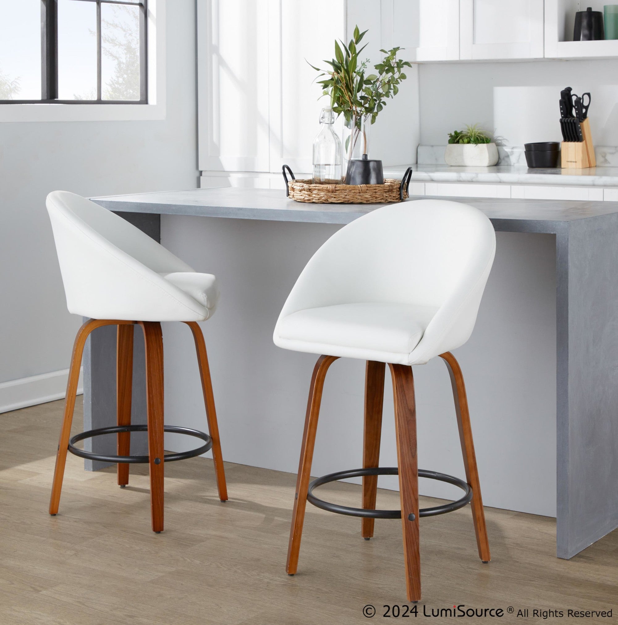 Matisse High Back 26" Fixed-Height Counter Stool - Set of 2 - Walnut Wood, White PU, Black Metal
