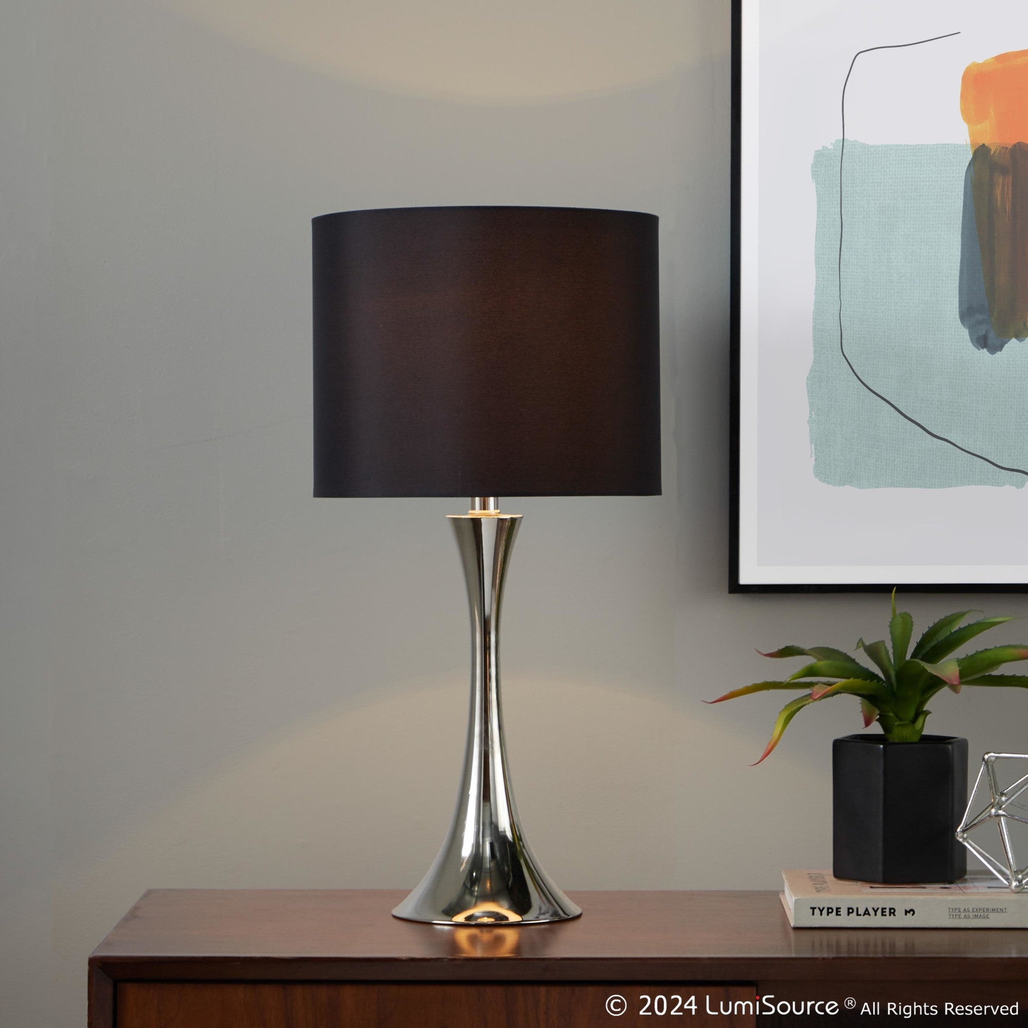 Lenuxe 24" Metal Table Lamp - Set of 2 - Polished Nickel, Black Silk