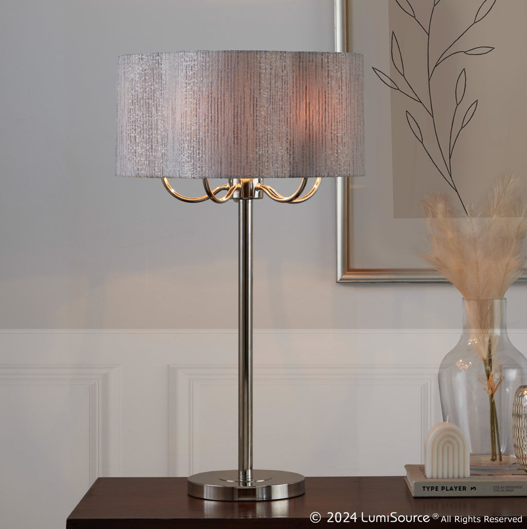Lily 30" Metal Table Lamp - Polished Nickel, Grey Linen