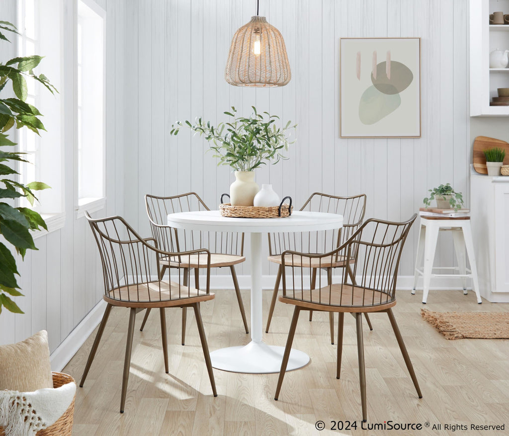 Dakota-winston Dining Set - 5 Piece - White Steel, White Wood, Antique Copper Metal, Whitewashed Wood