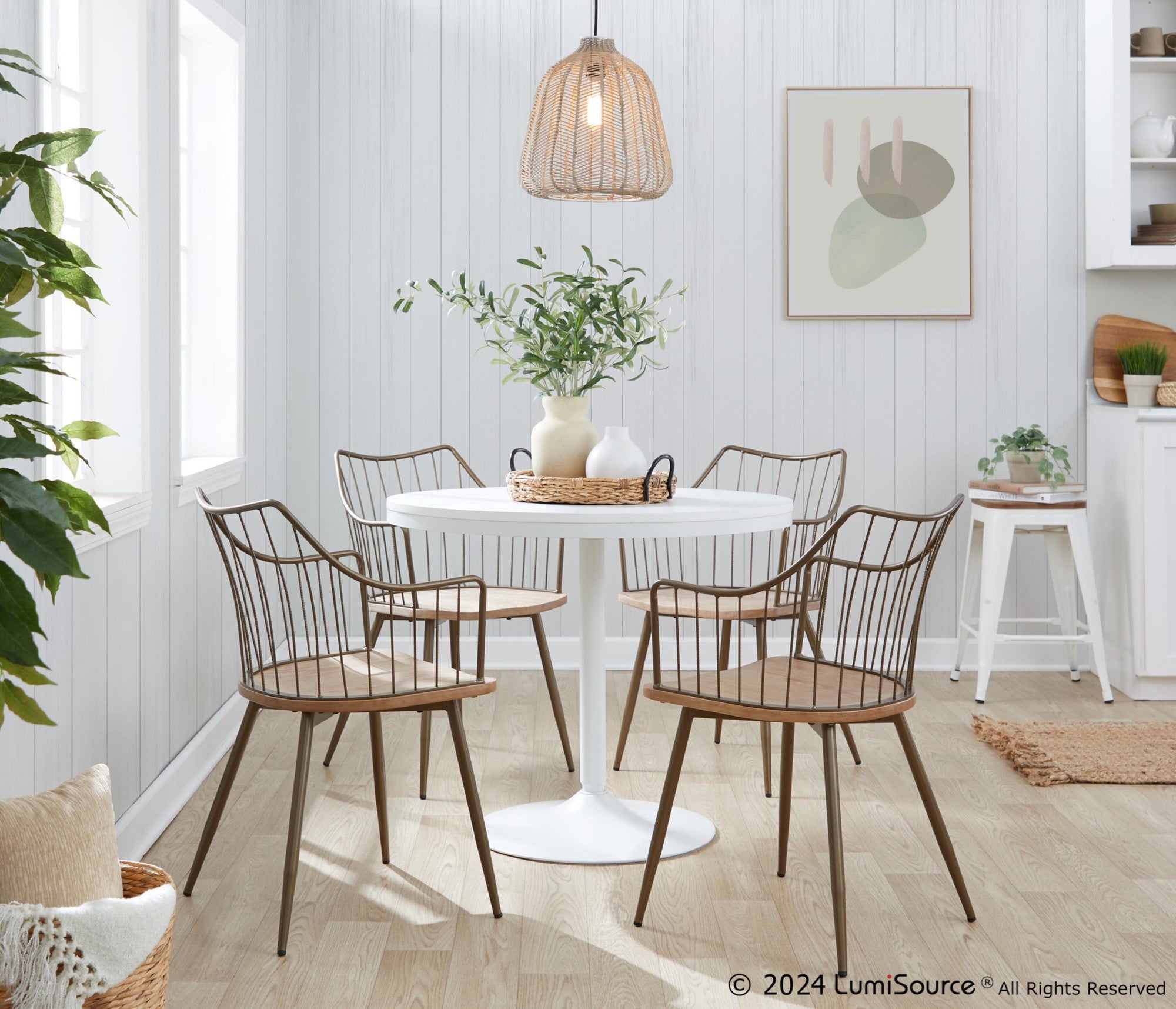 Dakota-winston Dining Set - 5 Piece - White Steel, White Wood, Antique Copper Metal, Whitewashed Wood
