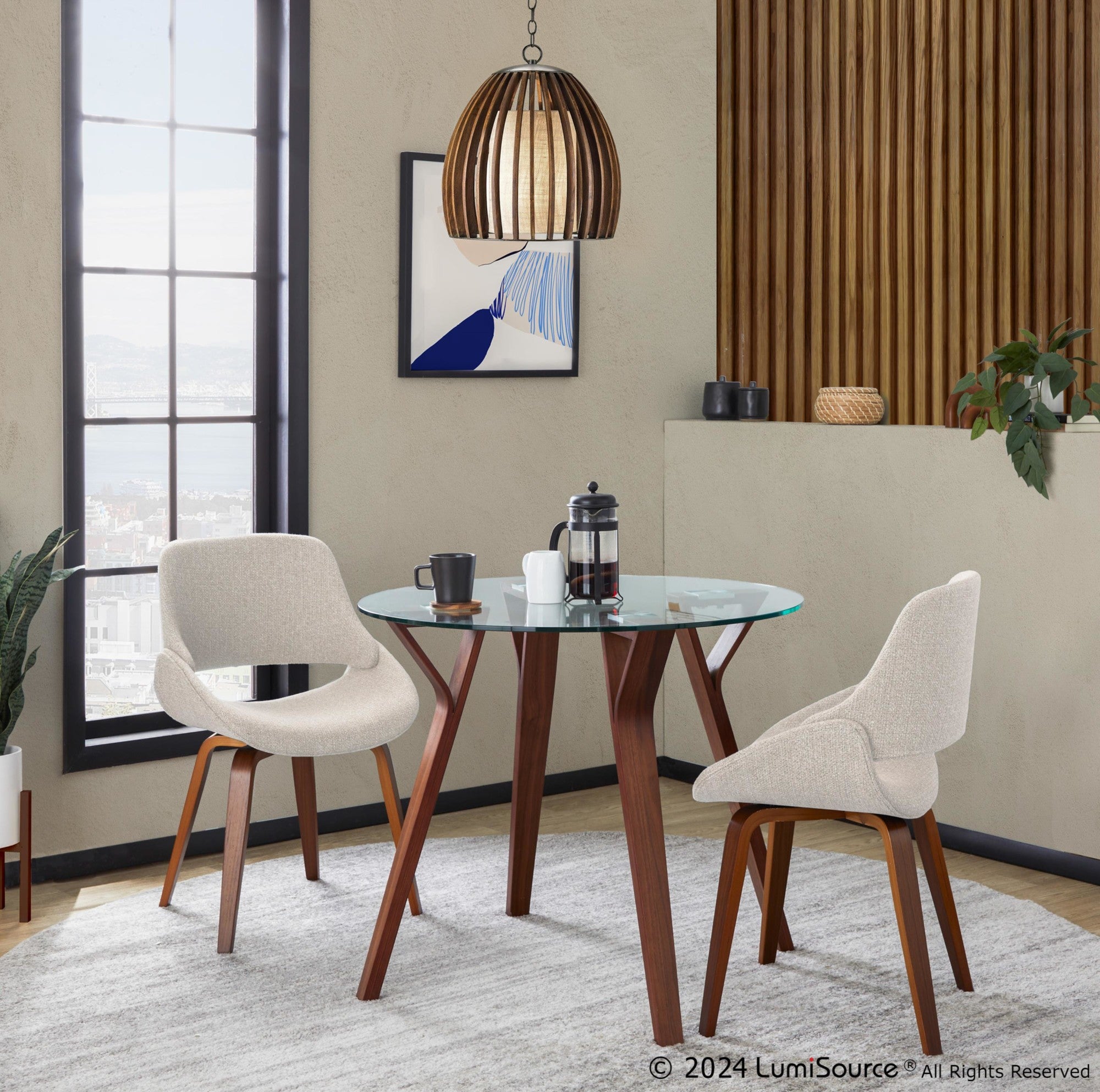 Folia Round Fabrico Dining Set - 3 Piece - Walnut Wood, Clear Glass, Cream Noise Fabric