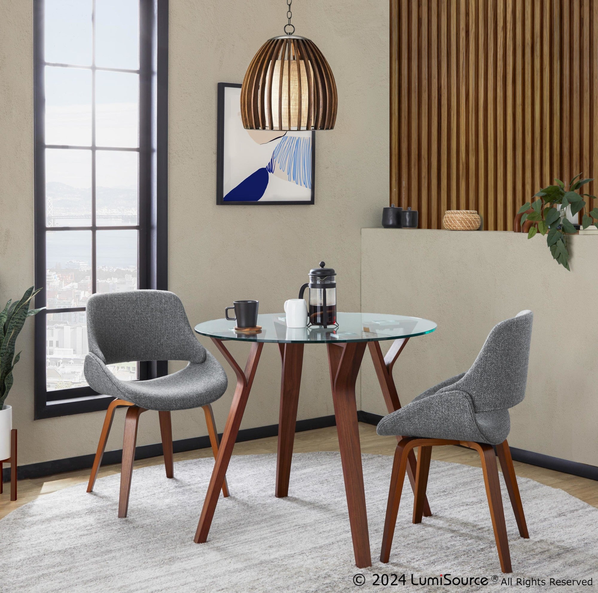 Folia Round Fabrico Dining Set - 3 Piece - Walnut Wood, Clear Glass, Grey Fabric