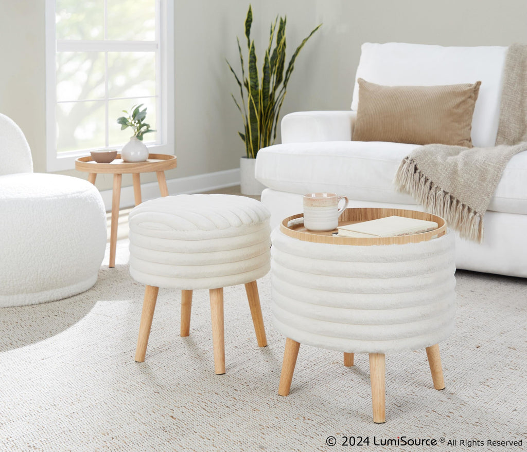 Tray Plush Storage Ottoman Set - Cream Faux Fur, Natural Wood