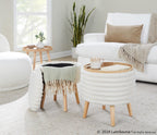 Tray Plush Storage Ottoman Set - Cream Faux Fur, Natural Wood