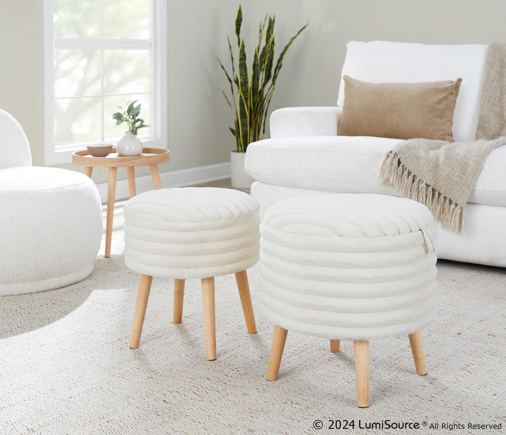 Tray Plush Storage Ottoman Set - Cream Faux Fur, Natural Wood