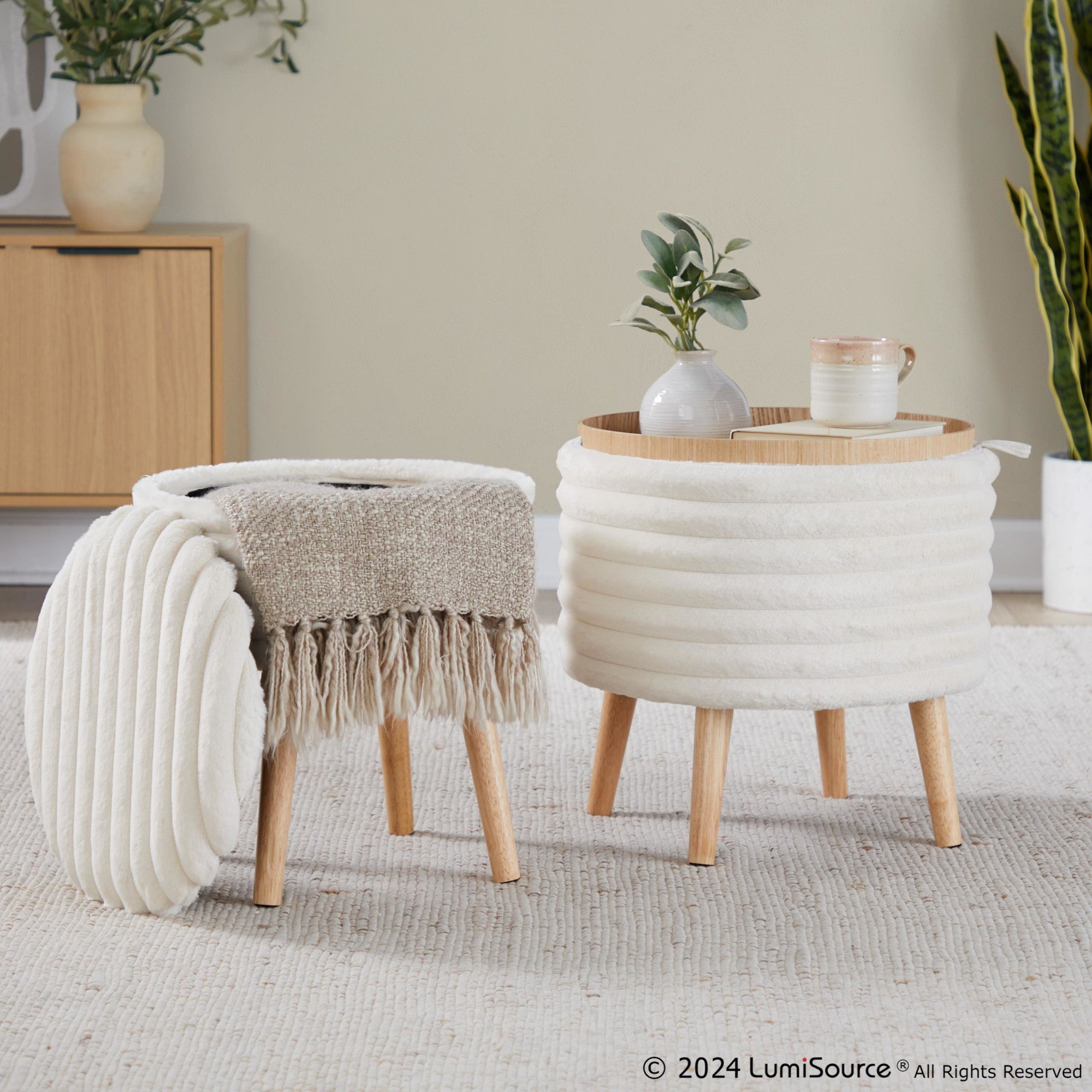 Tray Plush Storage Ottoman Set - Cream Faux Fur, Natural Wood