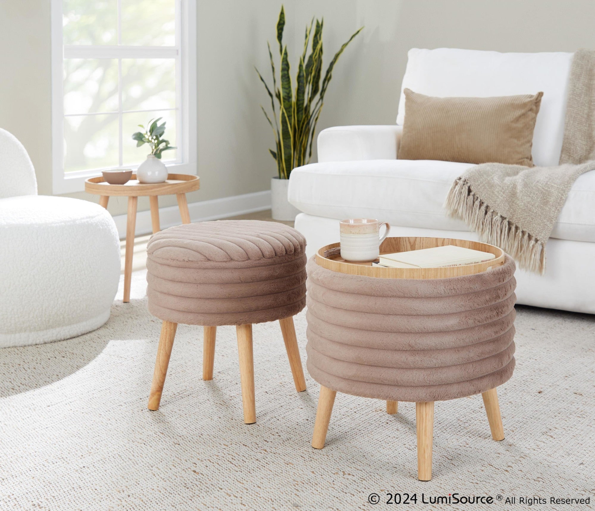 Tray Plush Storage Ottoman Set - Light Brown Faux Fur, Natural Wood