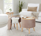Tray Plush Storage Ottoman Set - Light Brown Faux Fur, Natural Wood