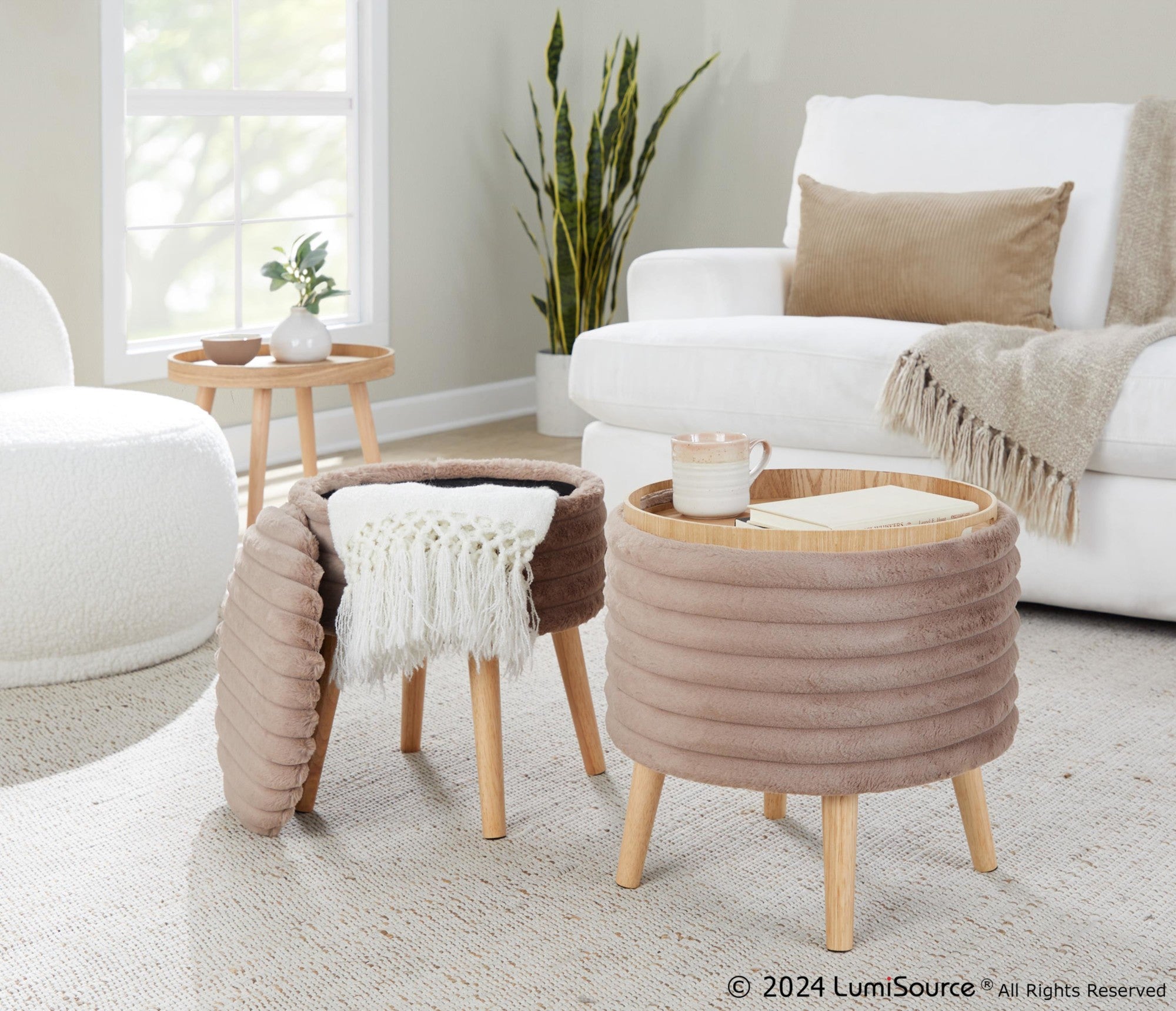 Tray Plush Storage Ottoman Set - Light Brown Faux Fur, Natural Wood
