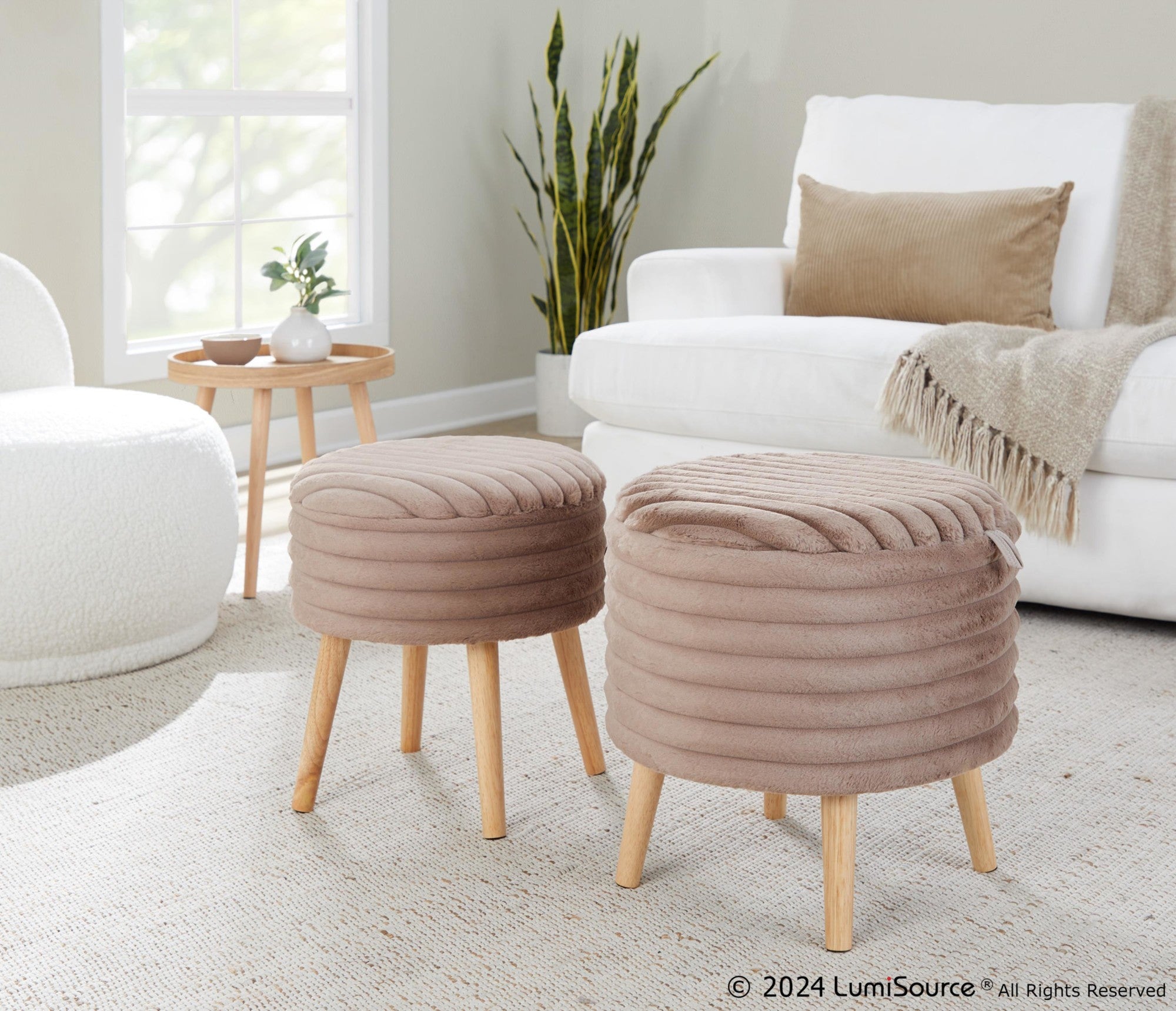 Tray Plush Storage Ottoman Set - Light Brown Faux Fur, Natural Wood