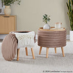 Tray Plush Storage Ottoman Set - Light Brown Faux Fur, Natural Wood