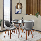 Folia Square Fabrico Dining Set - 5 Piece - Walnut Wood, Clear Glass, Grey Fabric
