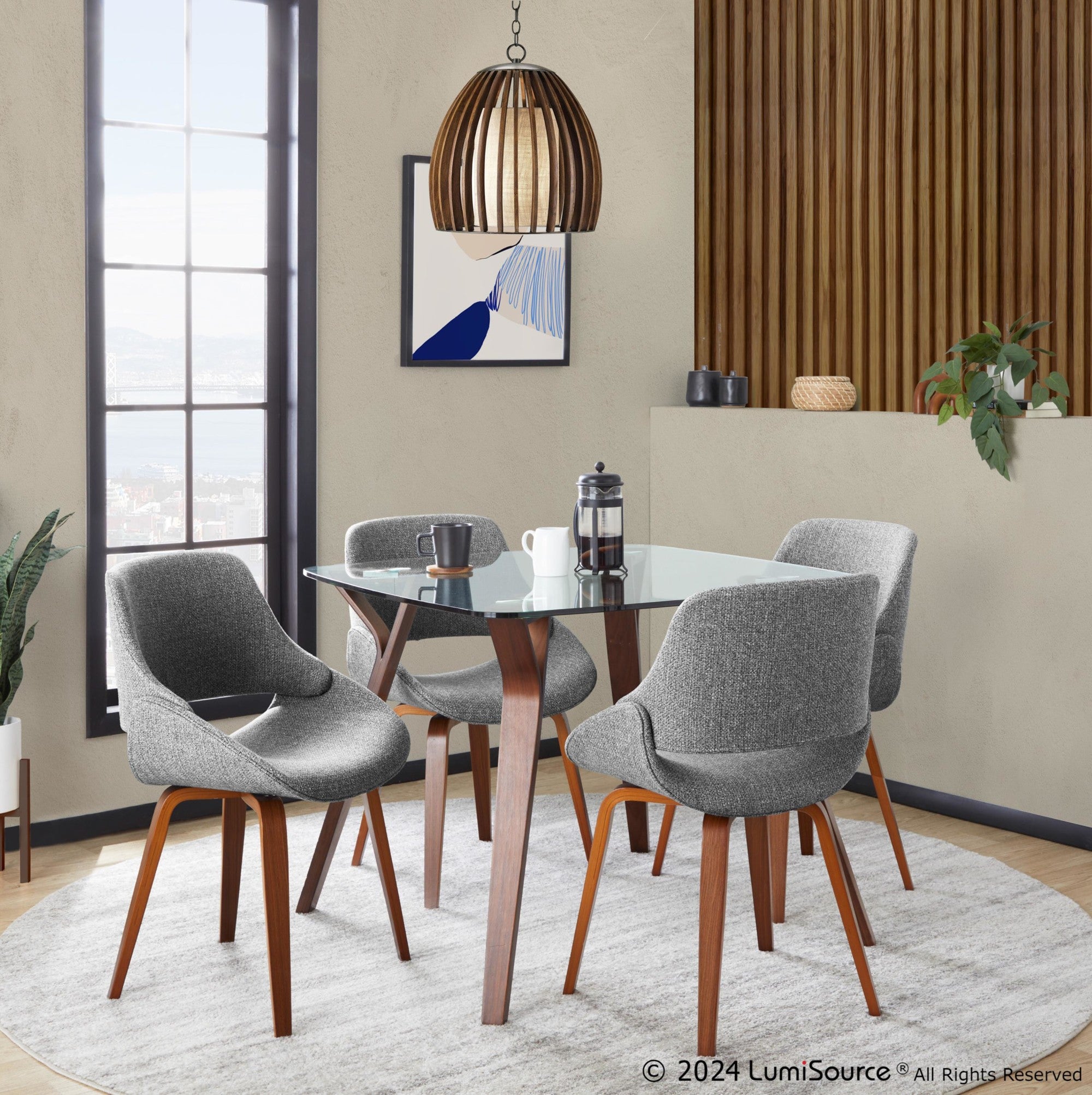 Folia Square Fabrico Dining Set - 5 Piece - Walnut Wood, Clear Glass, Grey Fabric