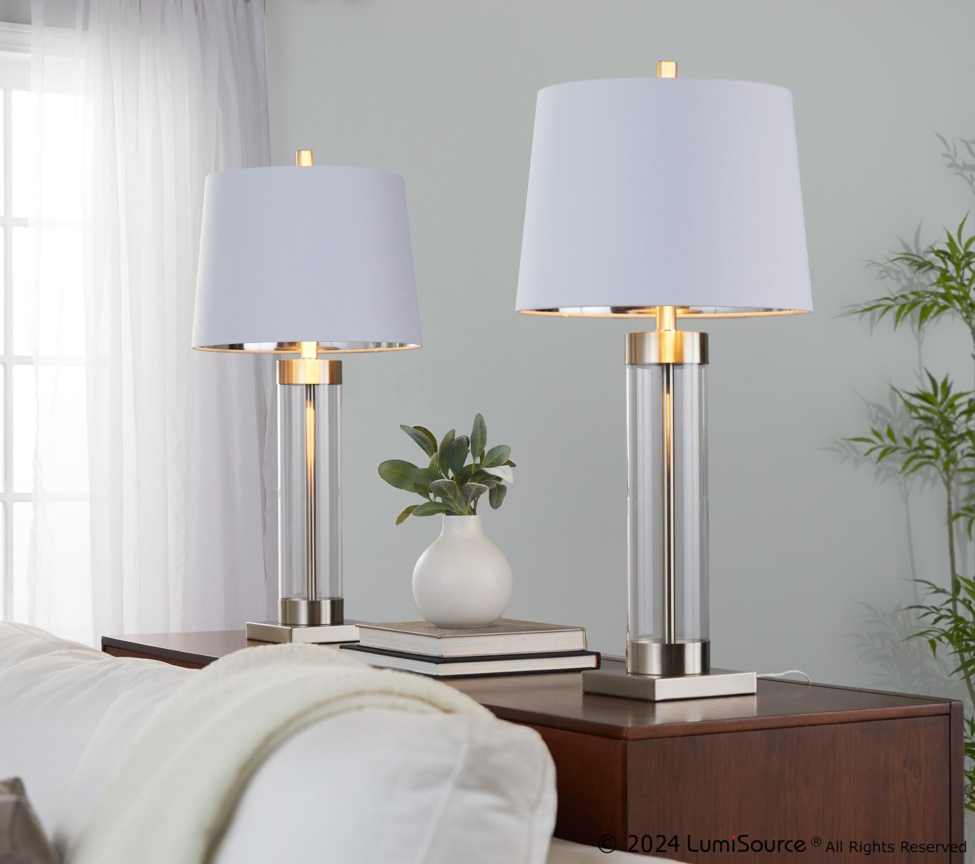 Glacier 30" Glass Table Lamp - Set of 2 - Clear Glass, Brushed Nickel, White Linen