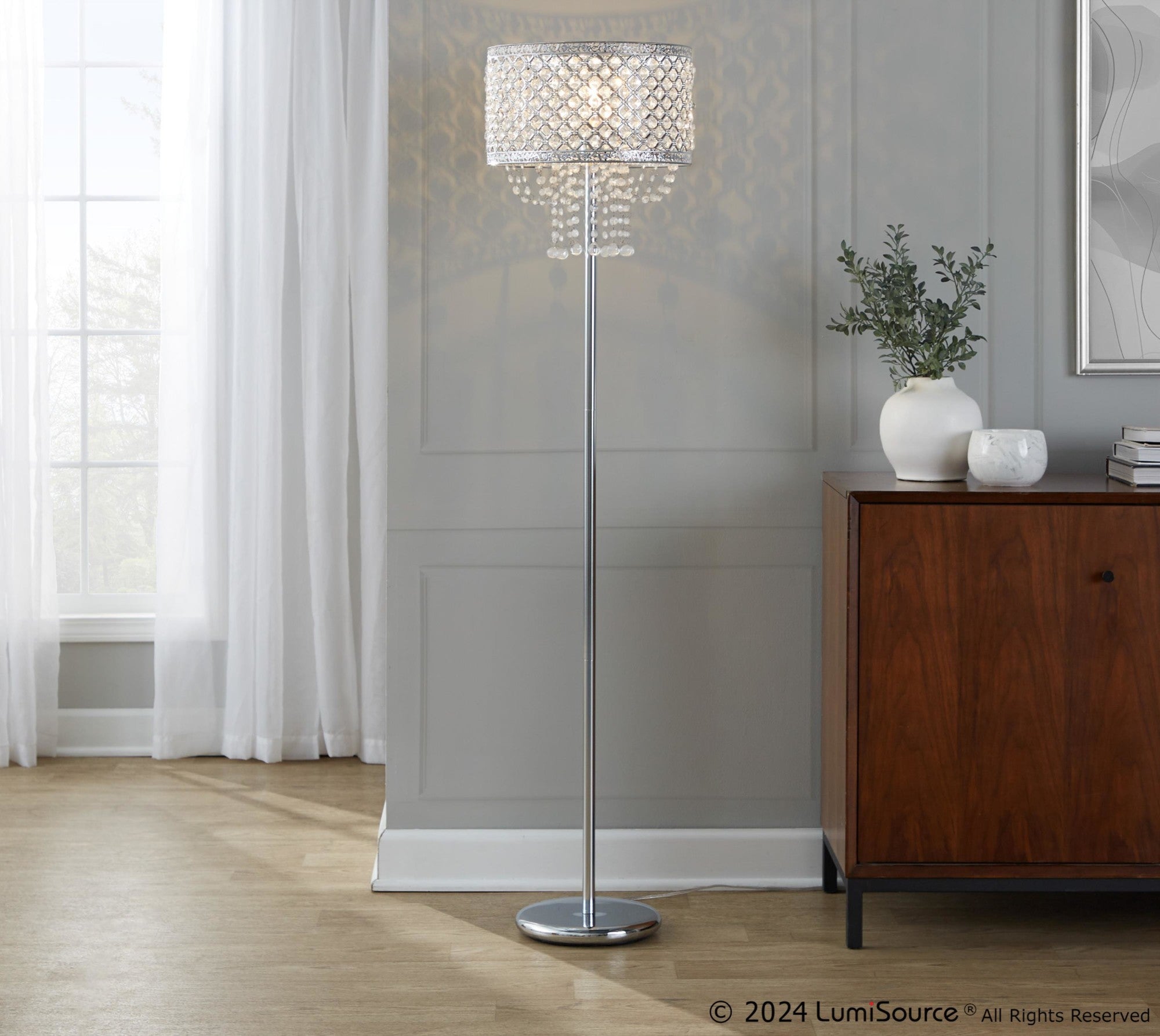 Droplets Sleek 60" Metal Floor Lamp - Chrome Metal, Clear Crystal