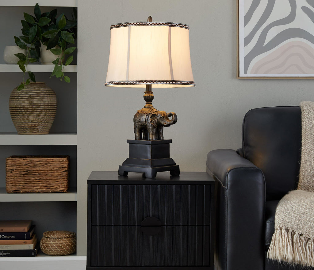 Elephant 27" Polyresin Table Lamp - Set of 2 - Bronze Polyresin, Natural Linen