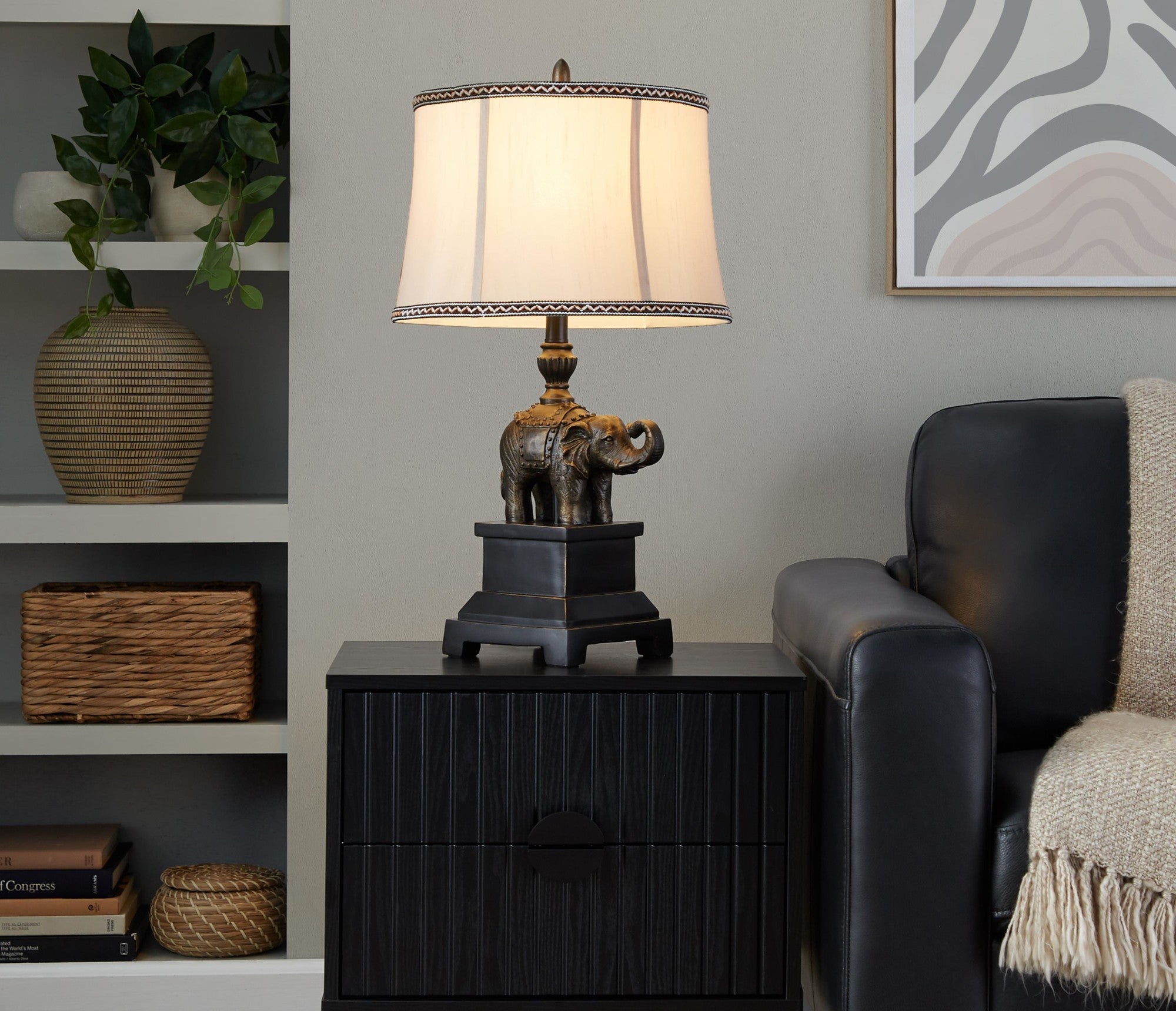 Elephant 27" Polyresin Table Lamp - Set of 2 - Bronze Polyresin, Natural Linen