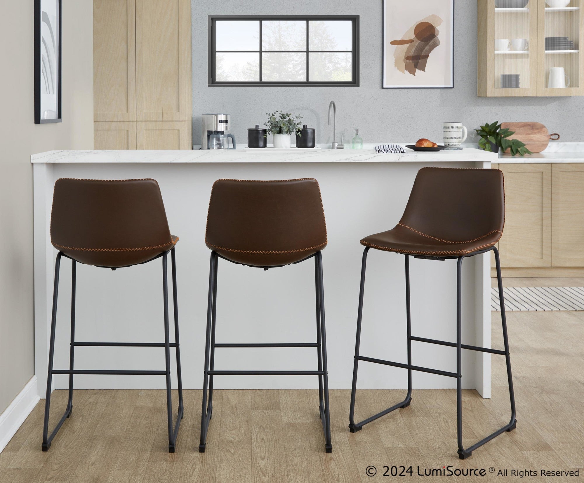Duke 30" Fixed-Height Barstool - Black Metal, Espresso PU, Orange Zig Zag Stitching