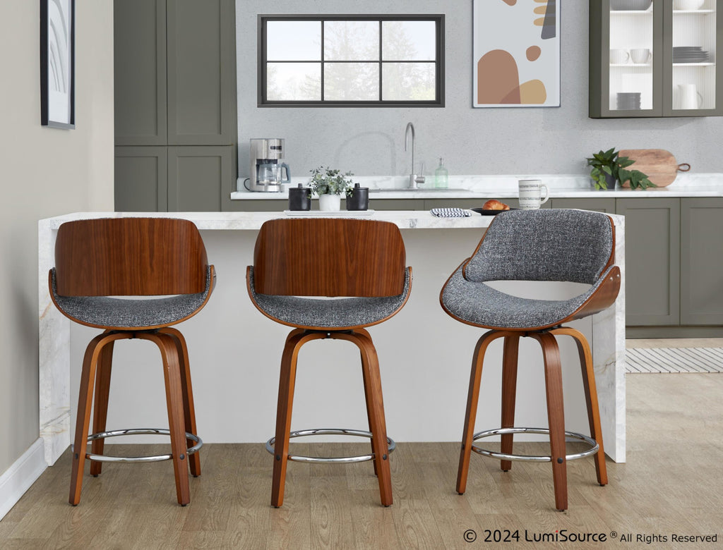 Fabrizzi 24" Fixed-Height Counter Stool - Set of 2 - Walnut Wood, Chrome Metal, Grey Noise Fabric