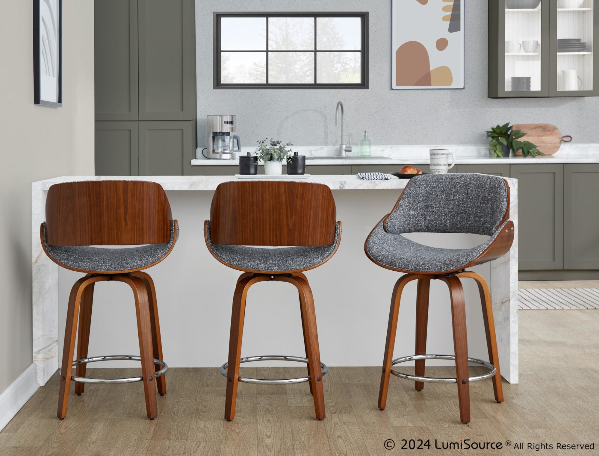 Fabrizzi 24" Fixed-Height Counter Stool - Set of 2 - Walnut Wood, Chrome Metal, Grey Noise Fabric