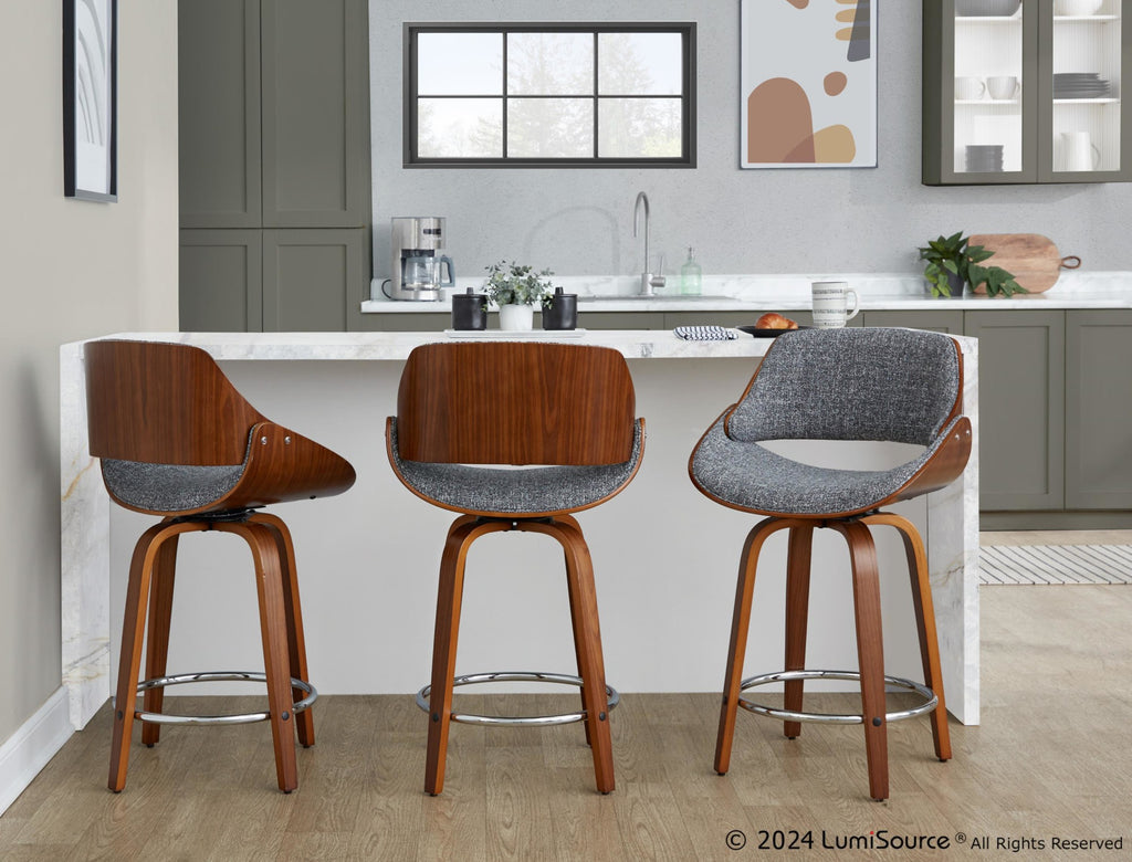Fabrizzi 24" Fixed-Height Counter Stool - Set of 2 - Walnut Wood, Chrome Metal, Grey Noise Fabric