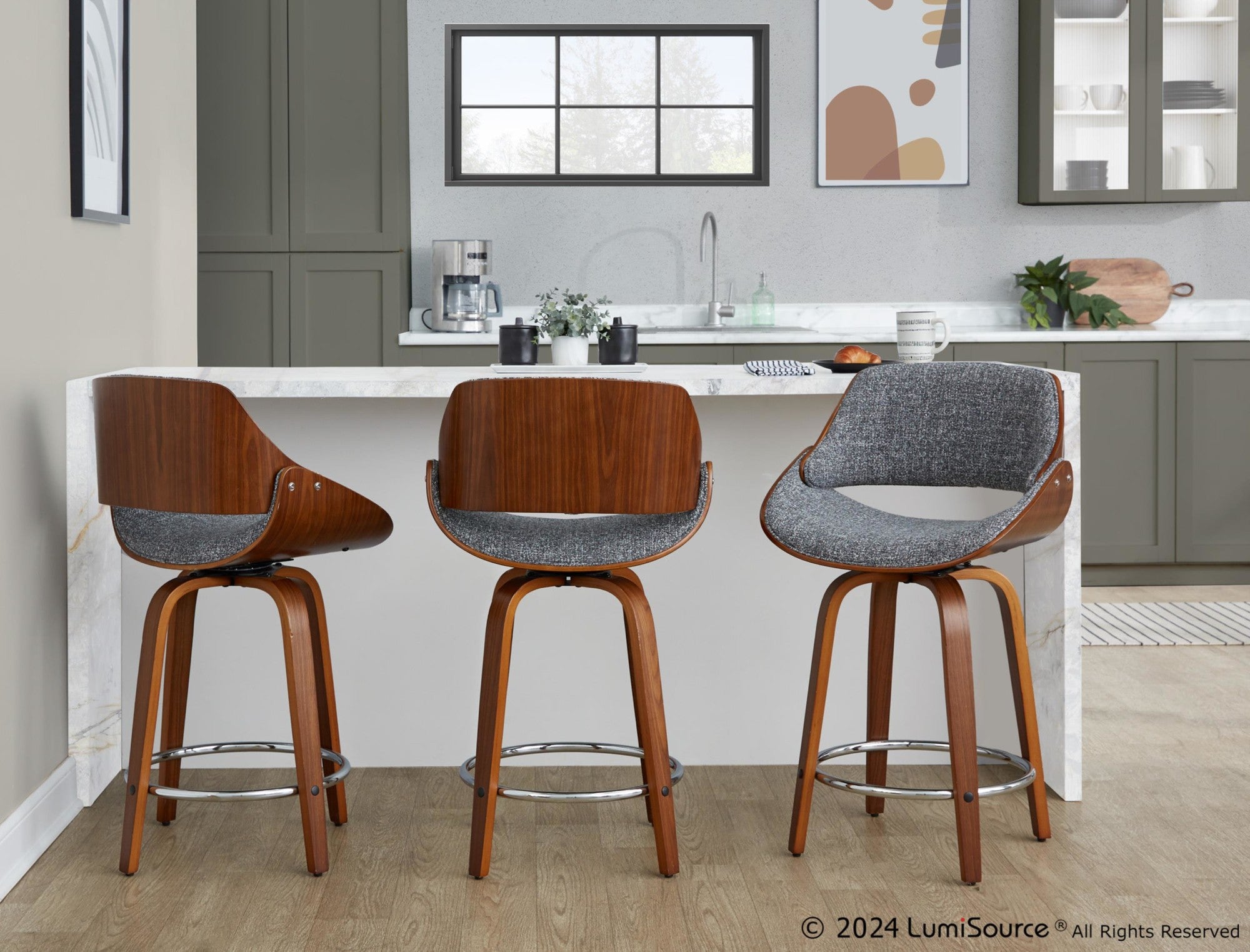 Fabrizzi 24" Fixed-Height Counter Stool - Set of 2 - Walnut Wood, Chrome Metal, Grey Noise Fabric