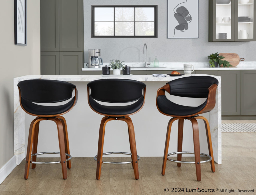 Symphony 24" Fixed-Height Counter Stool - Set of 2 - Walnut Wood, Black PU, Chrome Metal