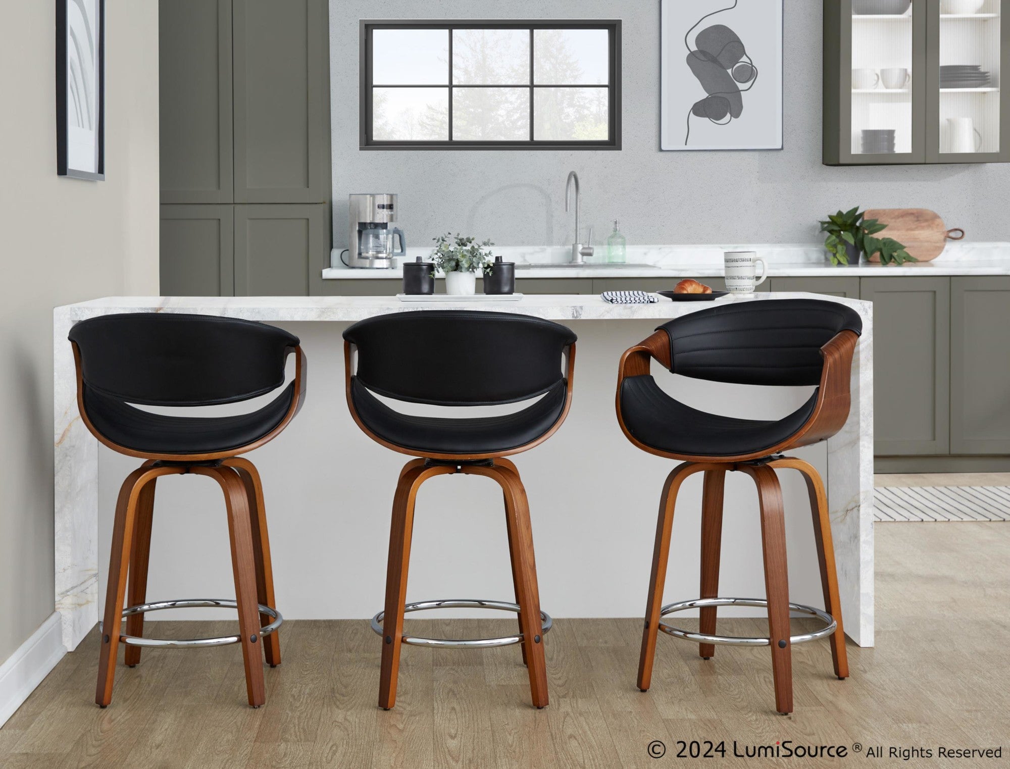 Symphony 24" Fixed-Height Counter Stool - Set of 2 - Walnut Wood, Black PU, Chrome Metal