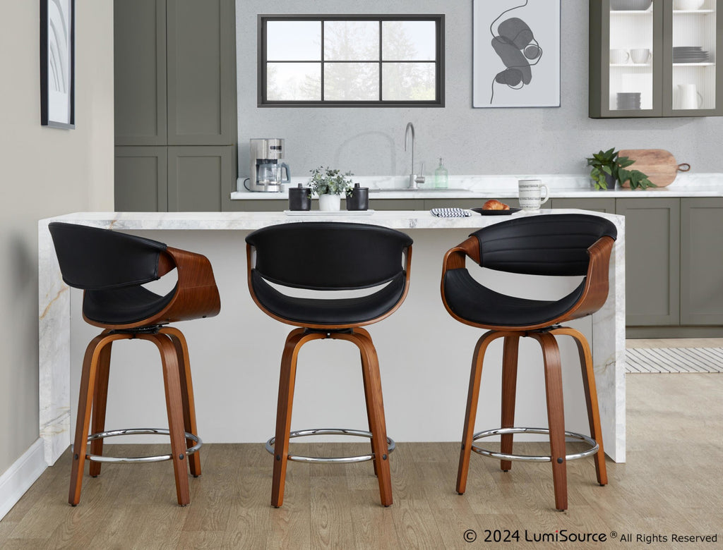 Symphony 24" Fixed-Height Counter Stool - Set of 2 - Walnut Wood, Black PU, Chrome Metal