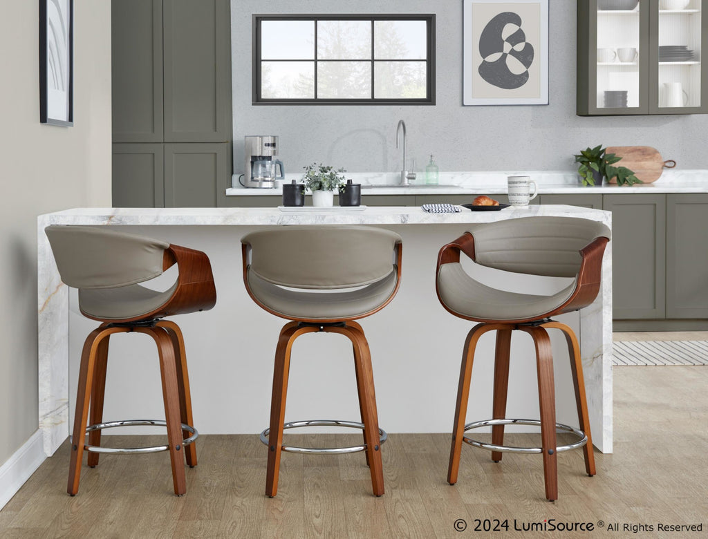 Symphony 24" Fixed-Height Counter Stool - Set of 2 - Walnut Wood, Grey PU, Chrome Metal