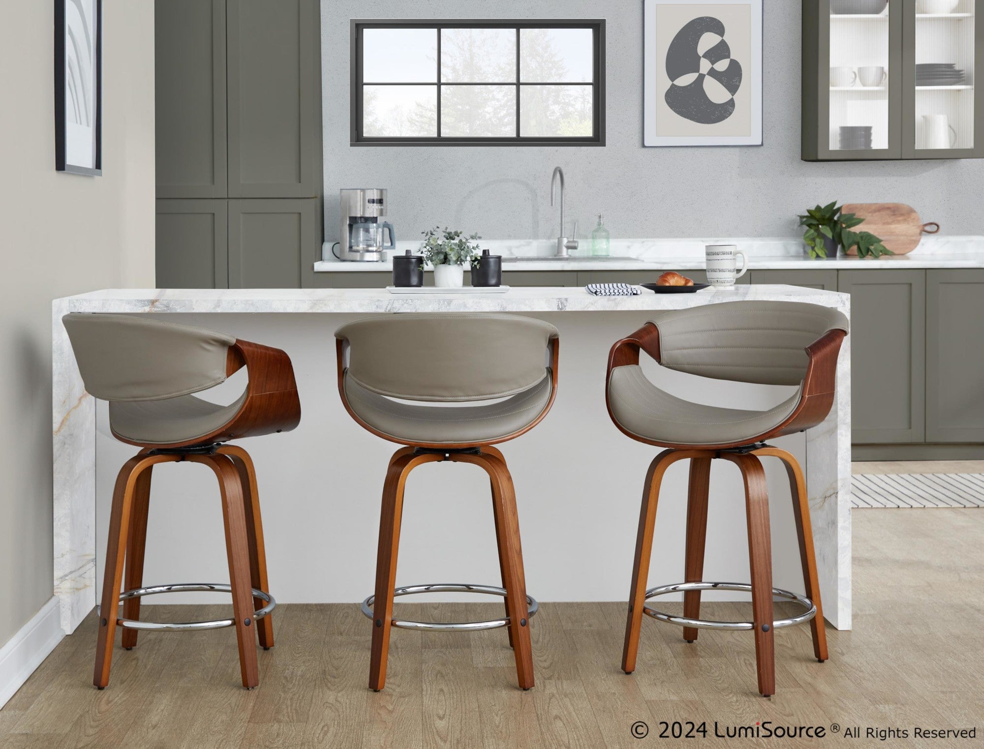 Symphony 24" Fixed-Height Counter Stool - Set of 2 - Walnut Wood, Grey PU, Chrome Metal
