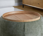 Tray Pouf Storage Ottoman - Natural Wood, Green Fabric