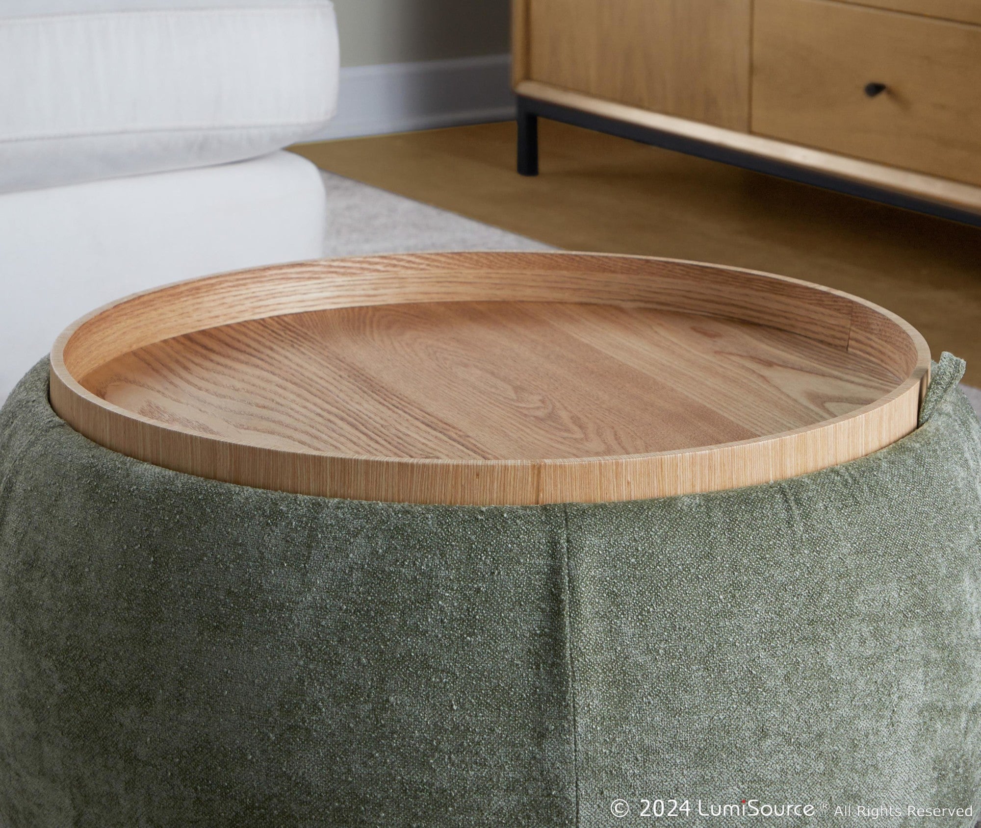 Tray Pouf Storage Ottoman - Natural Wood, Green Fabric