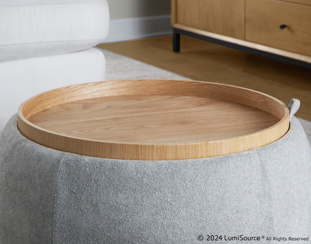 Tray Pouf Storage Ottoman - Natural Wood, Light Grey Fabric