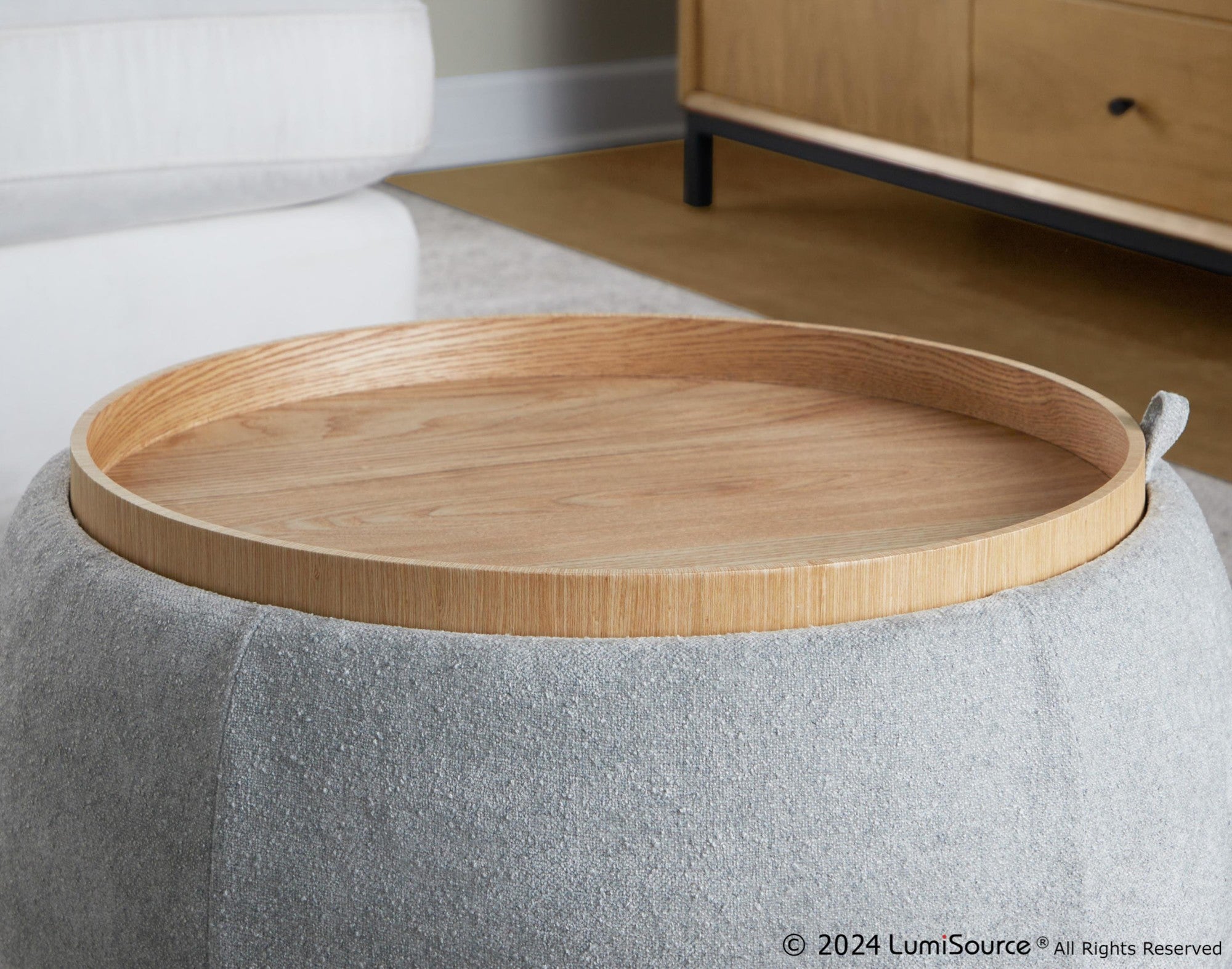 Tray Pouf Storage Ottoman - Natural Wood, Light Grey Fabric