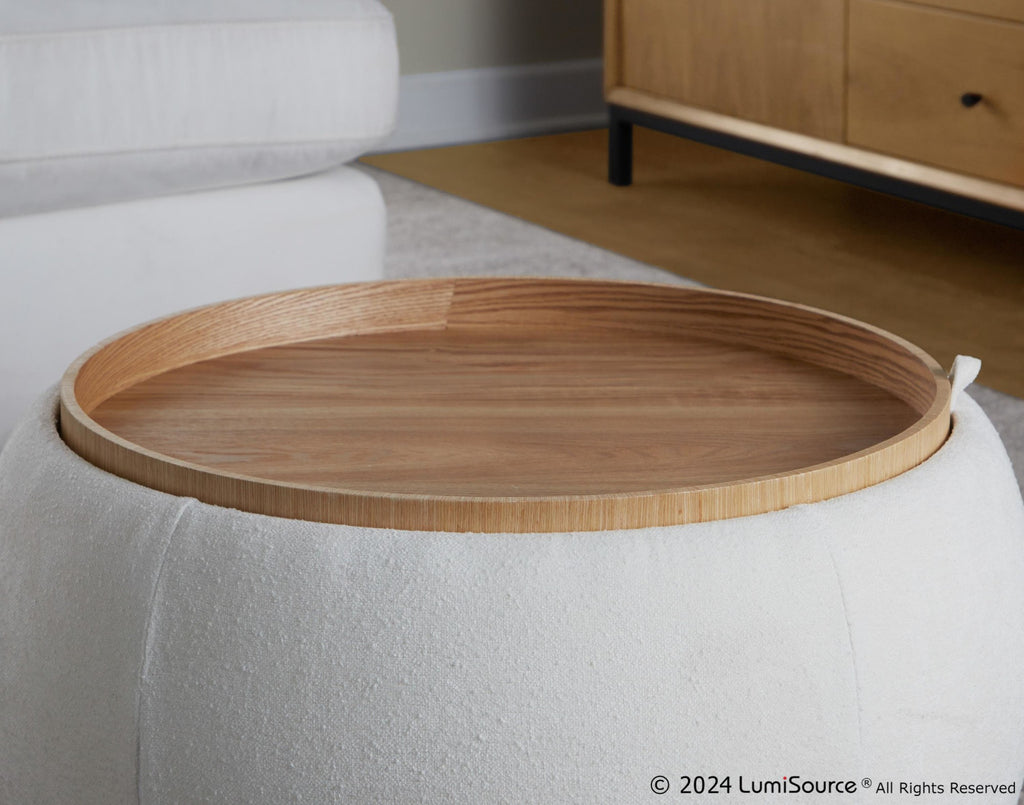 Tray Pouf Storage Ottoman - Natural Wood, White Fabric