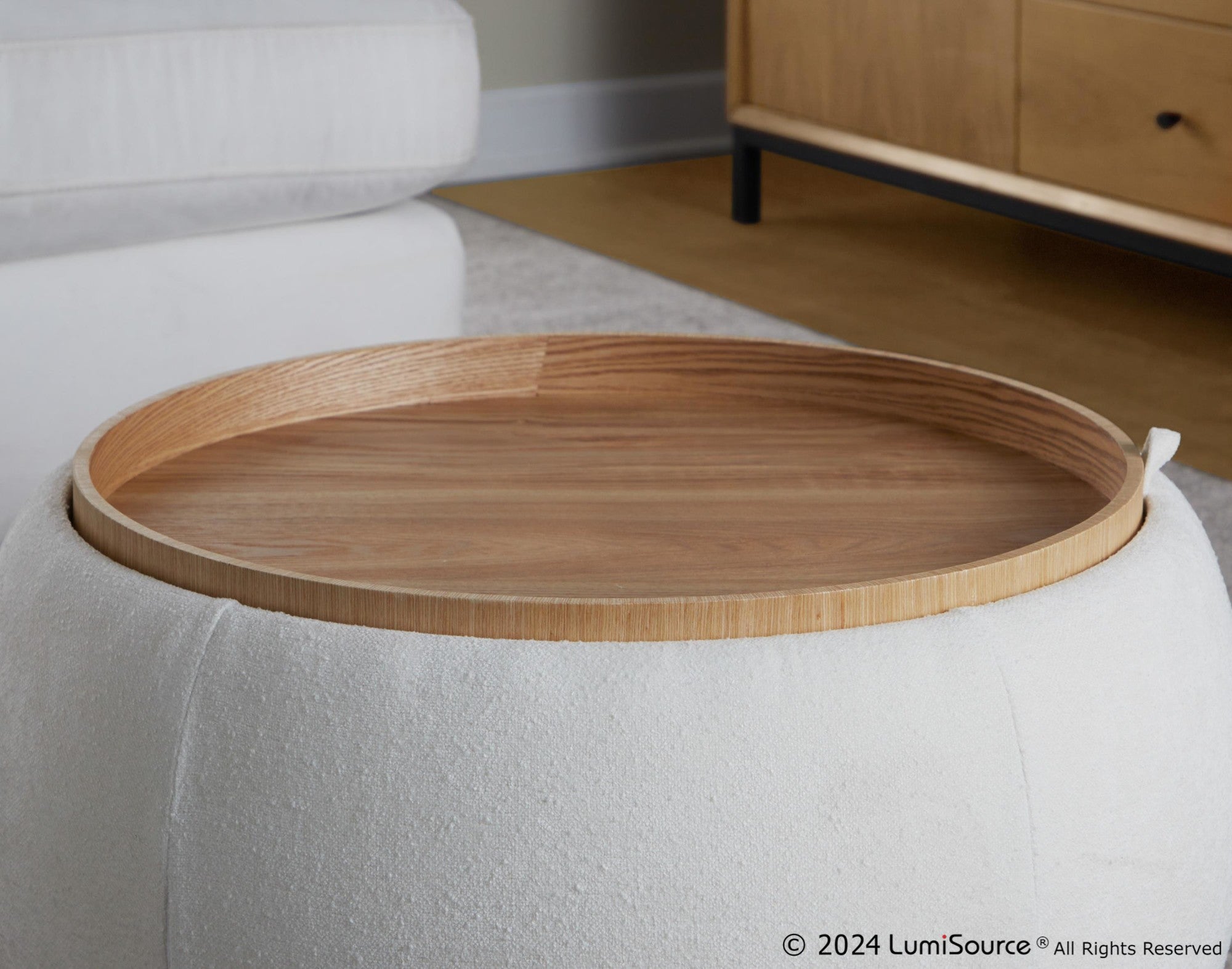 Tray Pouf Storage Ottoman - Natural Wood, White Fabric