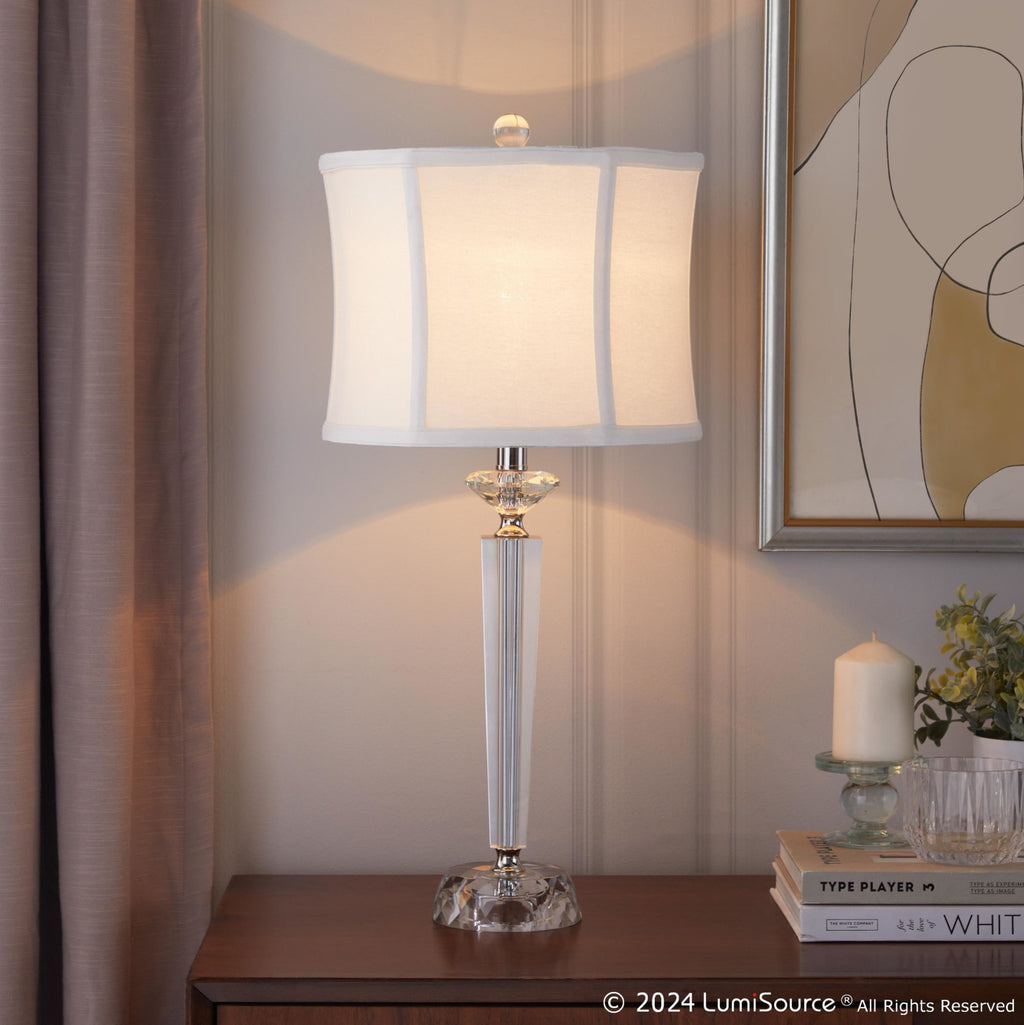 Diamond Torch 25" Crystal Table Lamp - Set of 2 - Clear Crystal, Polished Nickel, Off-white Linen