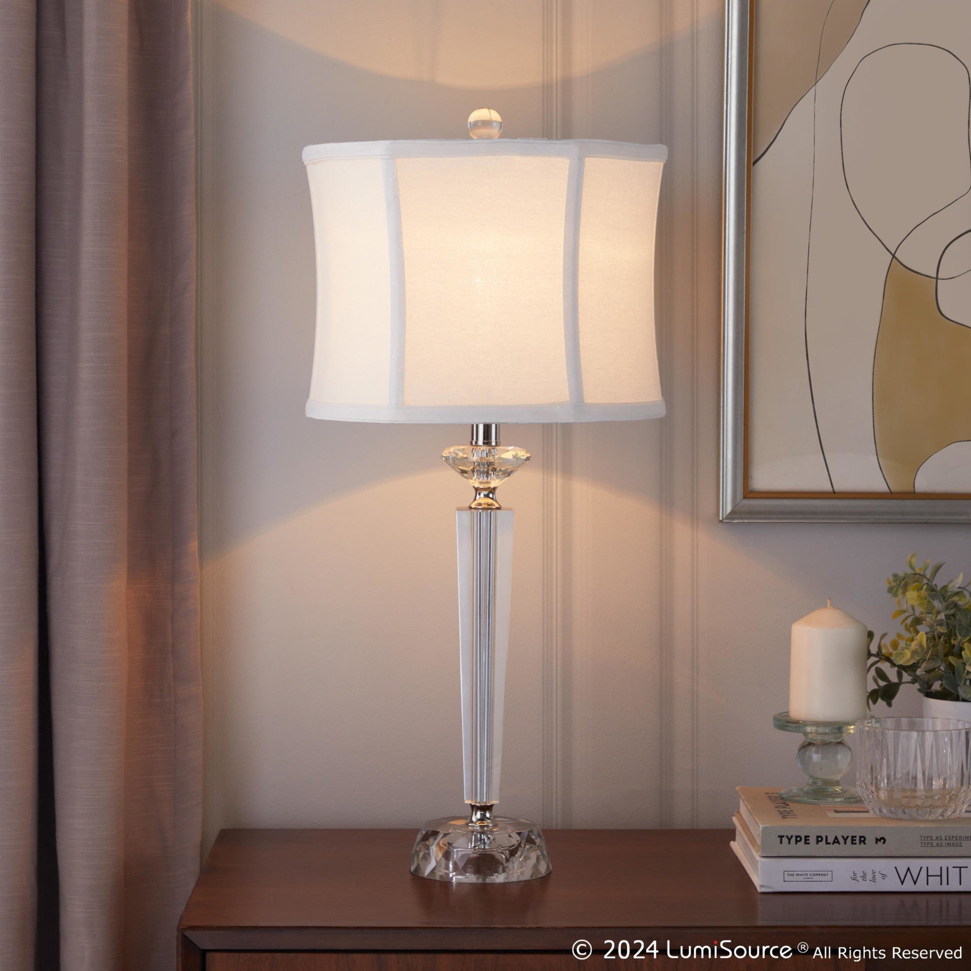 Diamond Torch 25" Crystal Table Lamp - Set of 2 - Clear Crystal, Polished Nickel, Off-white Linen