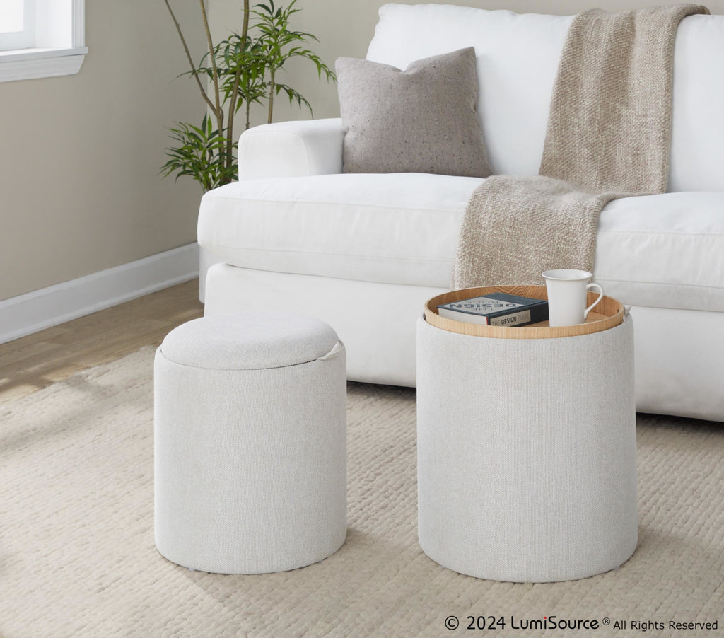 Tray Nesting Ottoman Set - Cream Fabric, Natural Wood