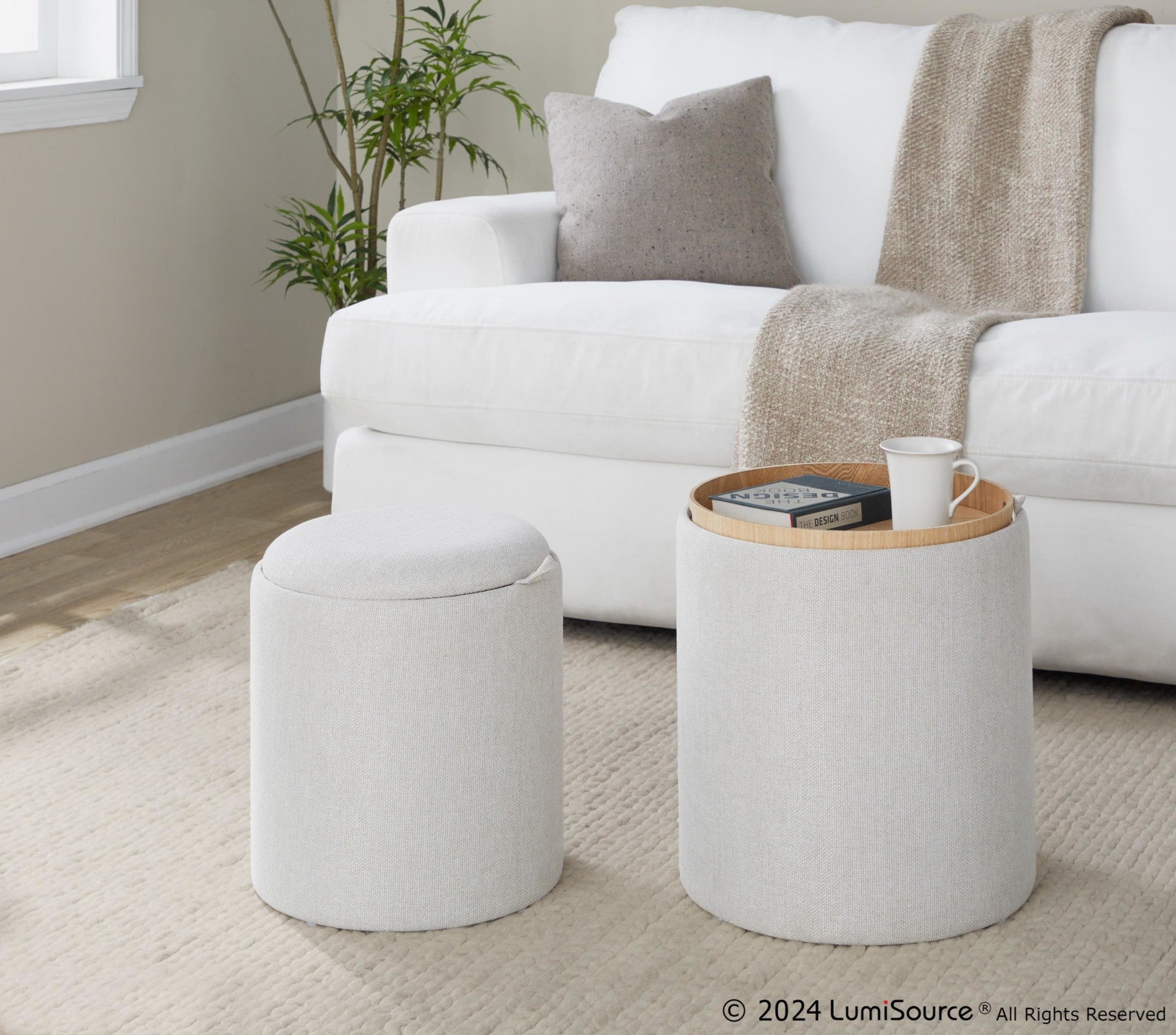 Tray Nesting Ottoman Set - Cream Fabric, Natural Wood
