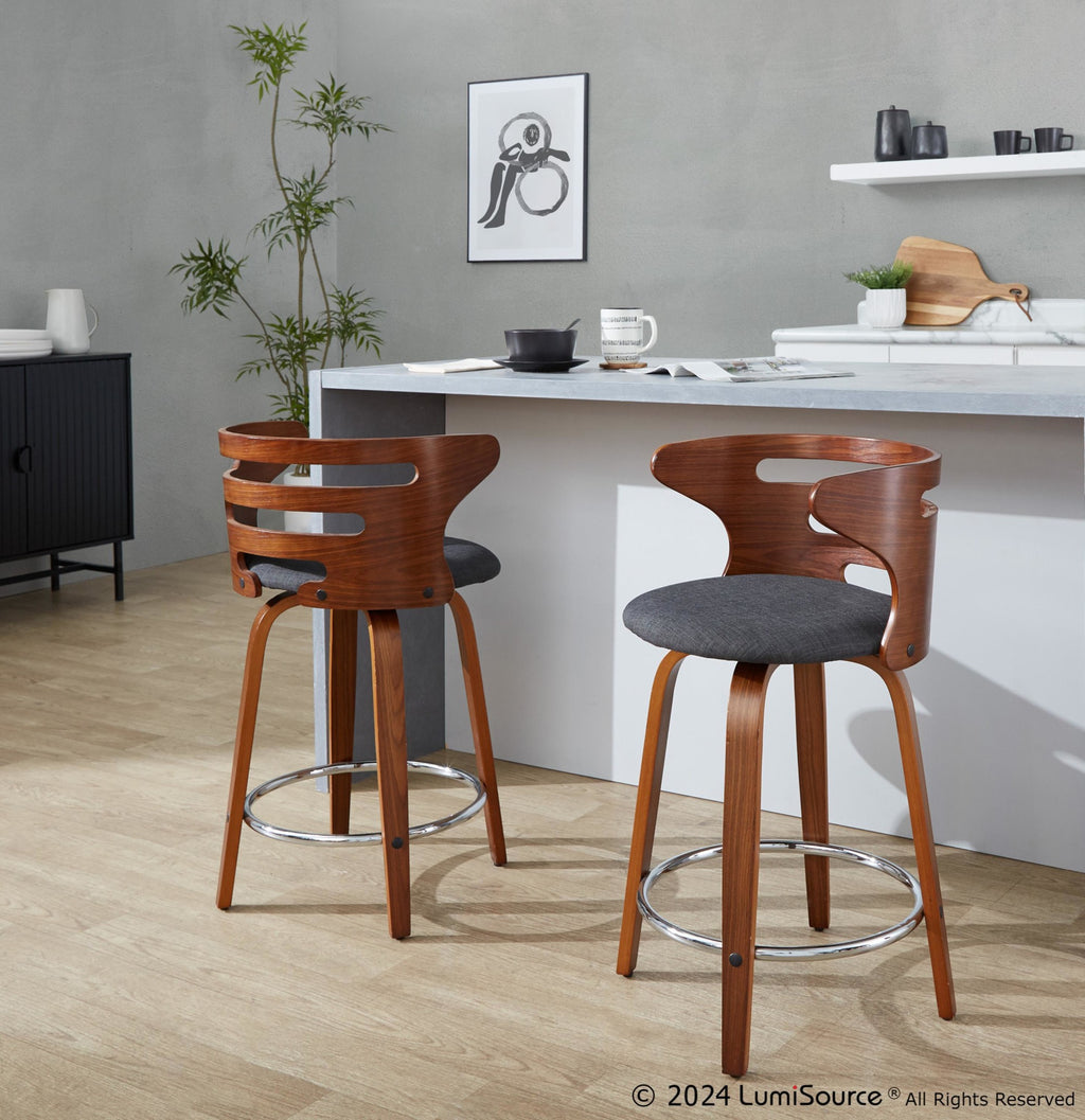 Cosini 24" Fixed-Height Counter Stool - Set of 2 - Walnut Wood, Charcoal Fabric, Chrome