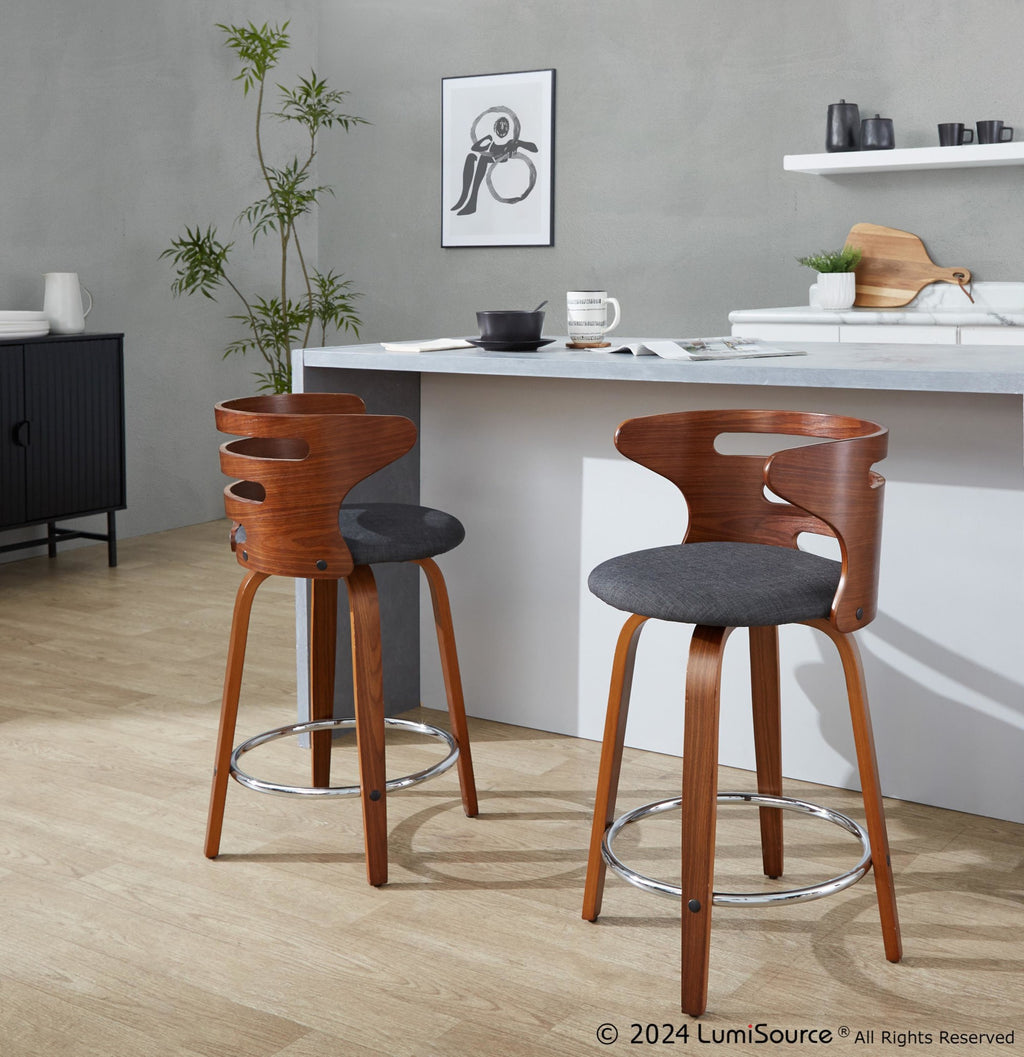 Cosini 24" Fixed-Height Counter Stool - Set of 2 - Walnut Wood, Charcoal Fabric, Chrome