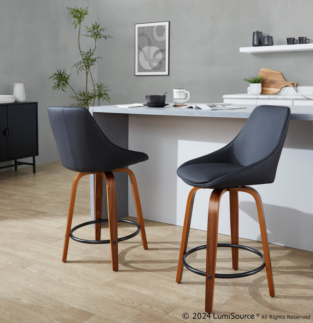 Diana 24" Fixed-Height Counter Stool - Set of 2 - Walnut Wood, Black PU, Black Metal