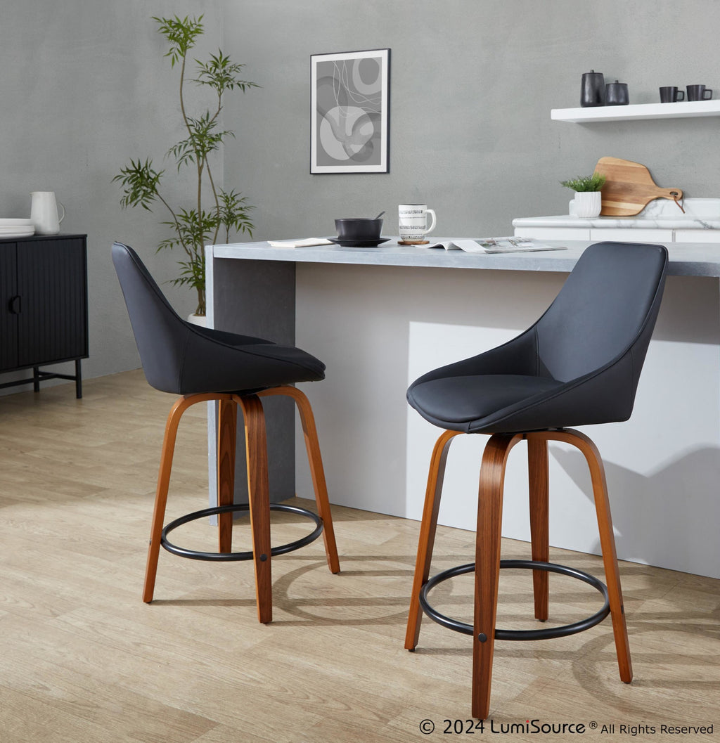 Diana 24" Fixed-Height Counter Stool - Set of 2 - Walnut Wood, Black PU, Black Metal