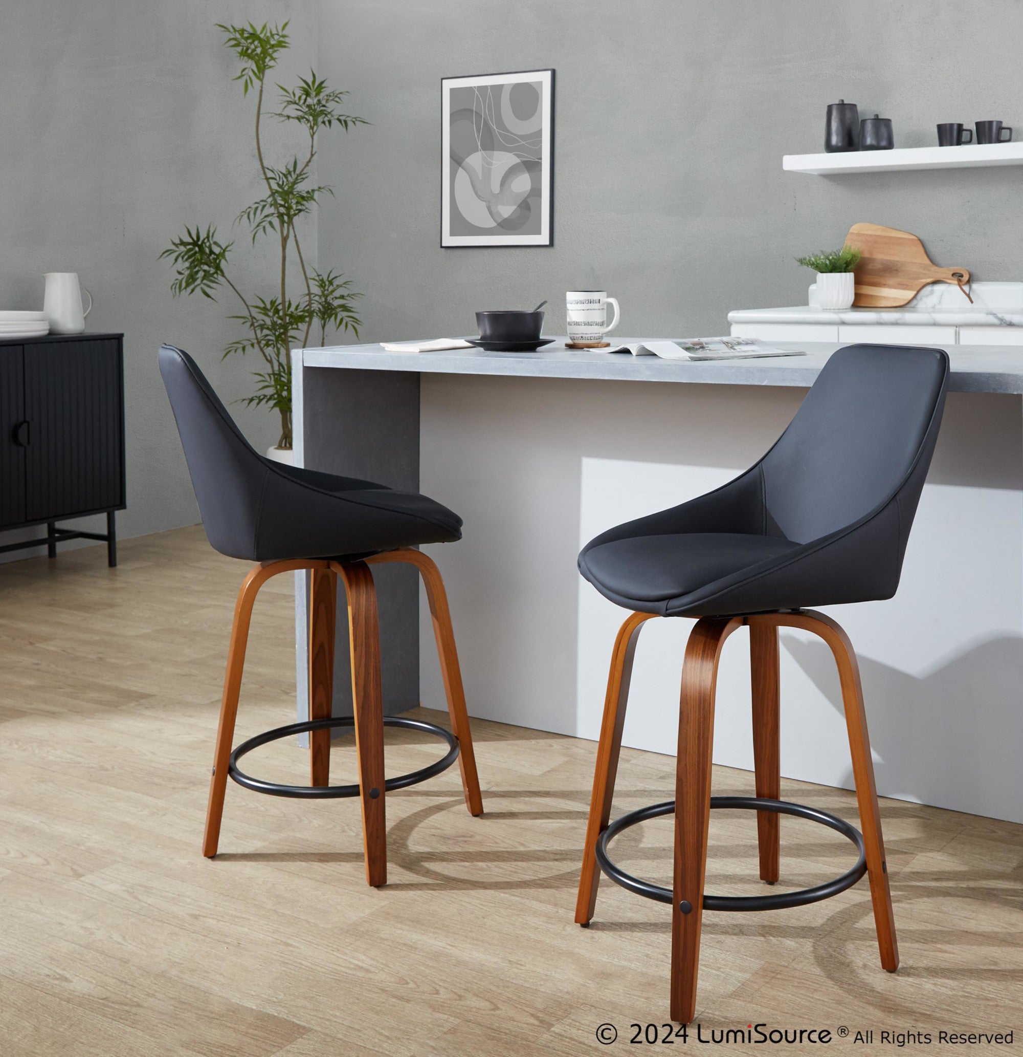 Diana 24" Fixed-Height Counter Stool - Set of 2 - Walnut Wood, Black PU, Black Metal