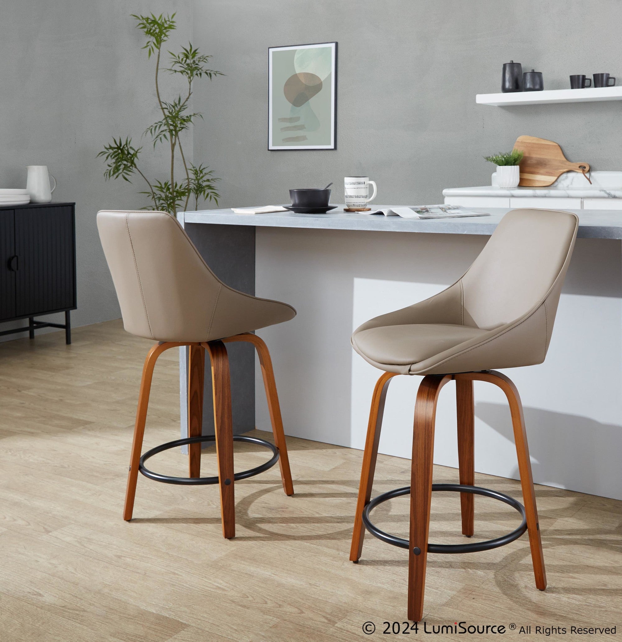Diana 24" Fixed-Height Counter Stool - Set of 2 - Walnut Wood, Brown PU, Black Metal