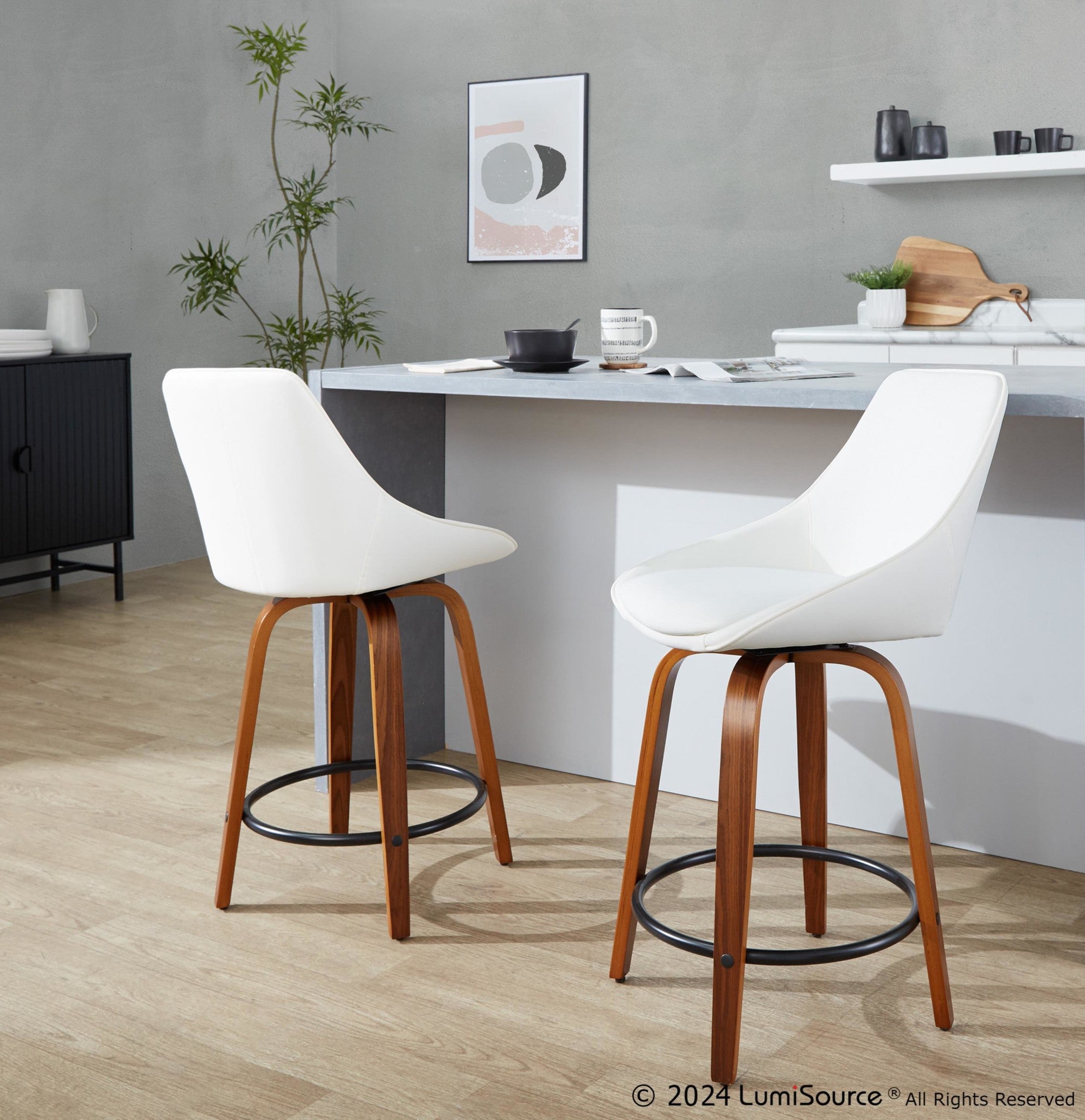 Diana 24" Fixed-Height Counter Stool - Set of 2 - Walnut Wood, White PU, Black Metal