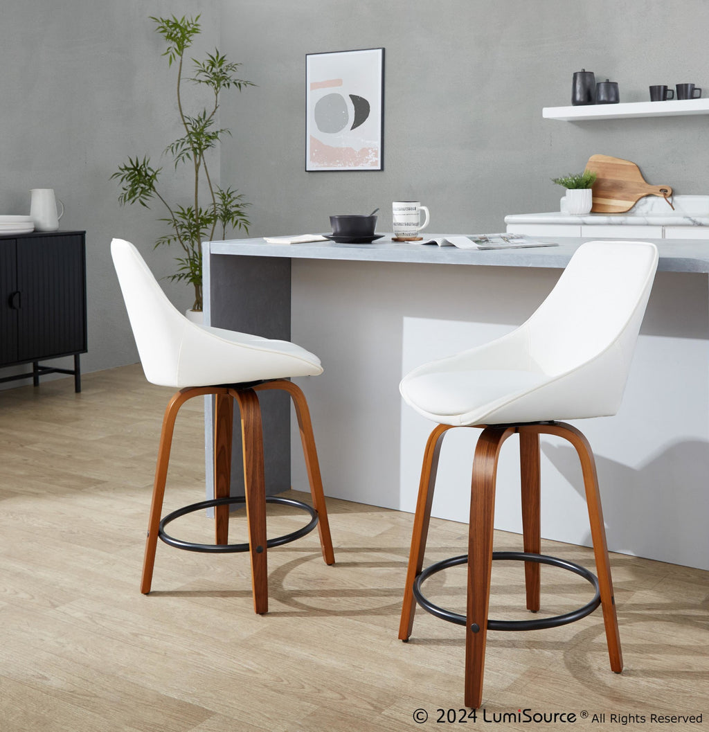 Diana 24" Fixed-Height Counter Stool - Set of 2 - Walnut Wood, White PU, Black Metal
